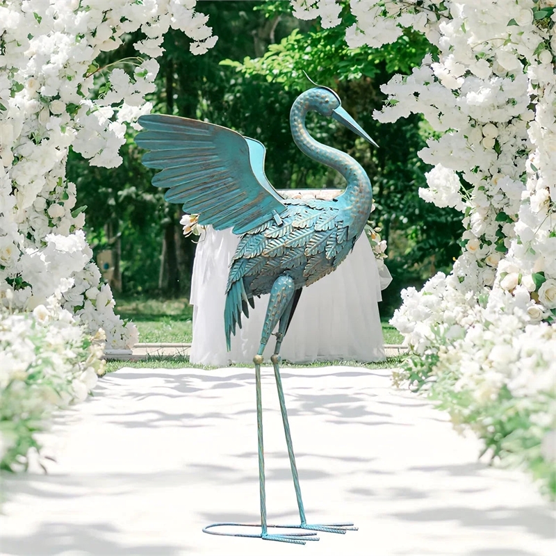 House of Avana Blue Metal Crane  Garden Sculpture  Elegant Decor