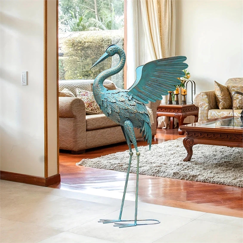 House of Avana Blue Metal Crane  Garden Sculpture  Elegant Decor