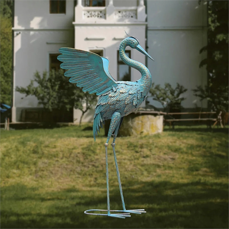 House of Avana Blue Metal Crane  Garden Sculpture  Elegant Decor