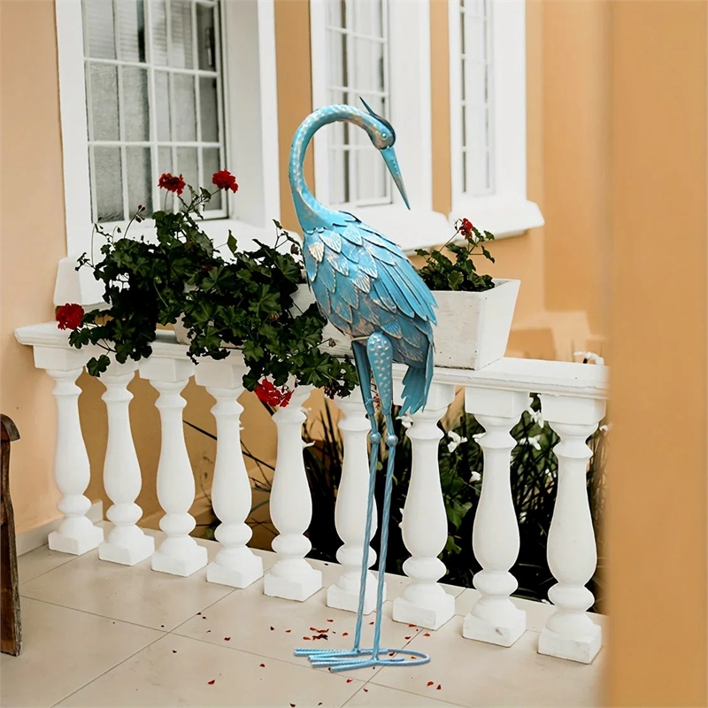 House of Avana Blue Metal Flamingo Statue Elegant Garden Decor Accent