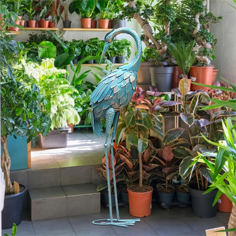 House of Avana Blue Metal Flamingo Statue Elegant Garden Decor Accent