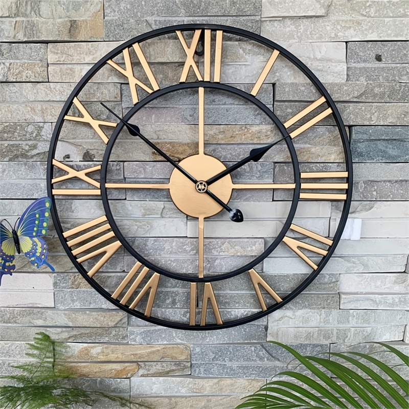 House of Avana Vintage Gold and Black Metal Silent Roman Numerals Wall Clock