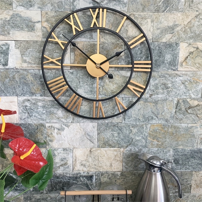 House of Avana Vintage Gold and Black Metal Silent Roman Numerals Wall Clock