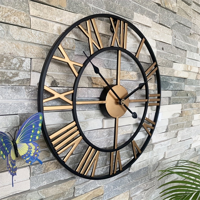 House of Avana Vintage Gold and Black Metal Silent Roman Numerals Wall Clock
