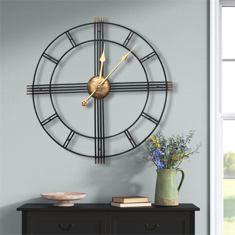 House of Avana Extra Large Metal Black Skeleton Roman Wall Clock