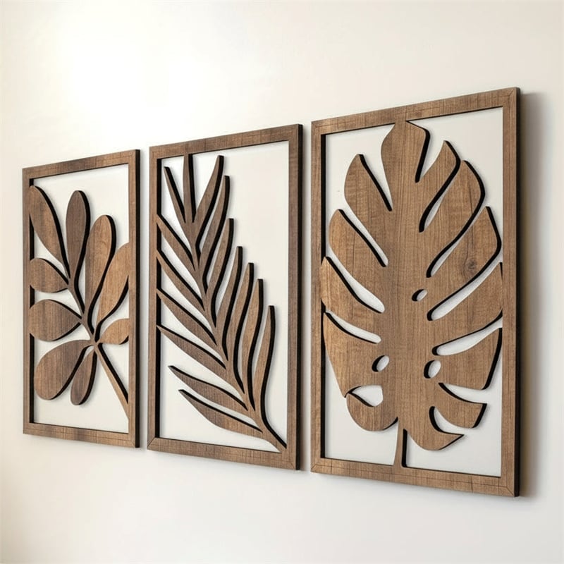 House of Avana Wooden Leaf Wall Art 2D Brown Flat Wall Sculpture Decor