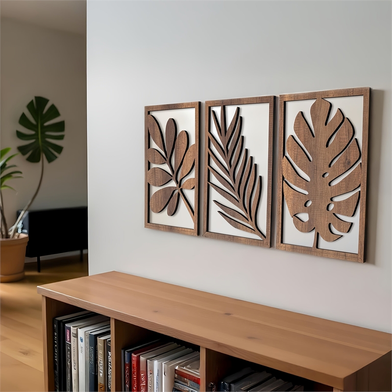 House of Avana Wooden Leaf Wall Art 2D Brown Flat Wall Sculpture Decor