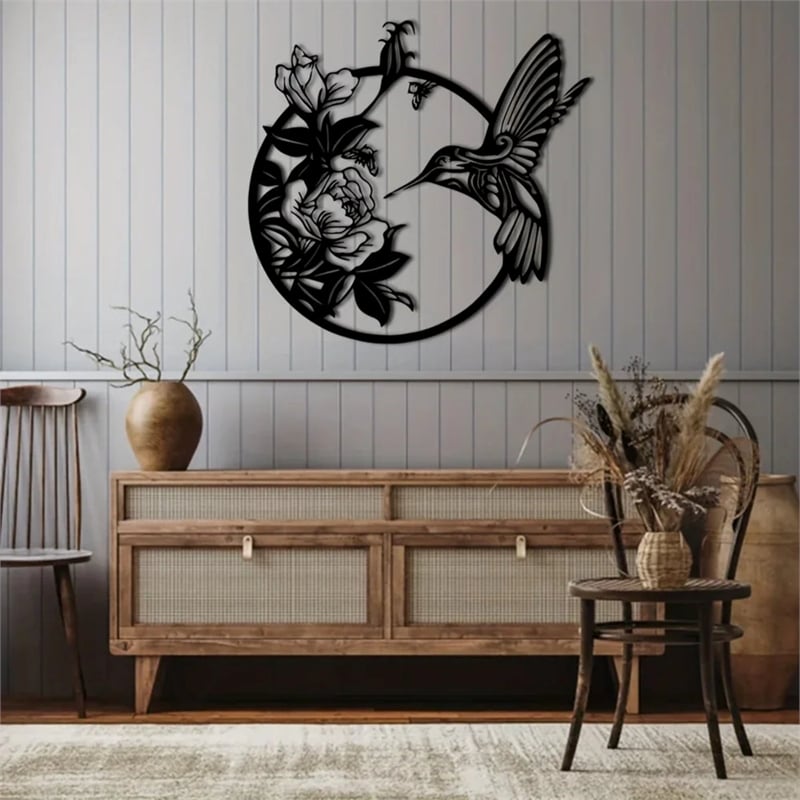 House of Avana Circular Black Metal Hummingbird Wall Art Decor