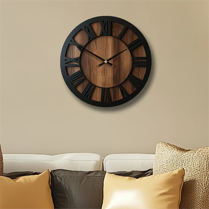 House of Anana Wooden Brown Wall Clock Silent Roman Numerals