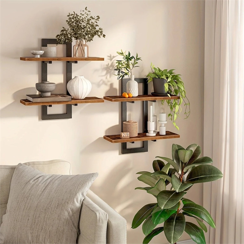 House of Avana Wall Mounted 2-Tier Floating Brown Wood Shelves