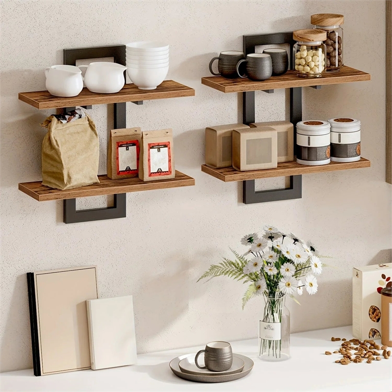 House of Avana Wall Mounted 2-Tier Floating Brown Wood Shelves