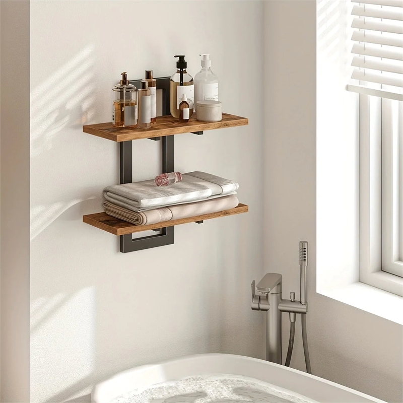 House of Avana Wall Mounted 2-Tier Floating Brown Wood Shelves