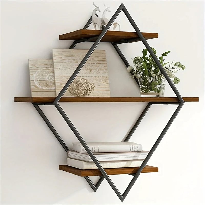 House of Avana Geometric Diamond Wall Shelves Brown Metal & Wood Shelves