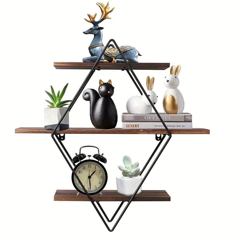 House of Avana Geometric Diamond Wall Shelves Brown Metal & Wood Shelves