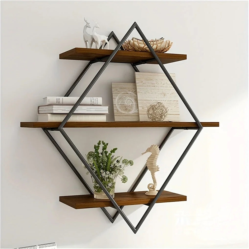 House of Avana Geometric Diamond Wall Shelves Brown Metal & Wood Shelves