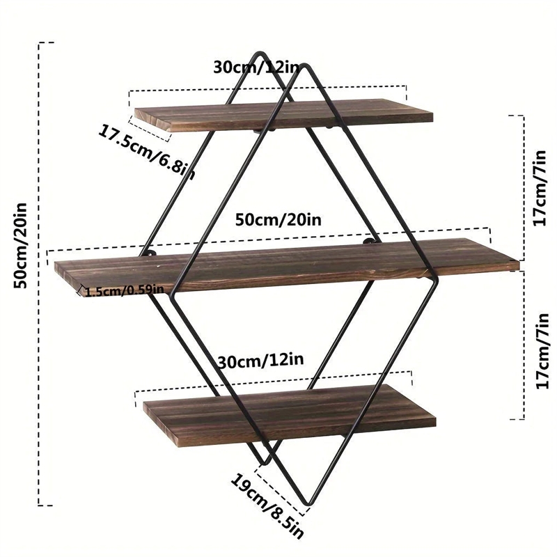 House of Avana Geometric Diamond Wall Shelves Brown Metal & Wood Shelves