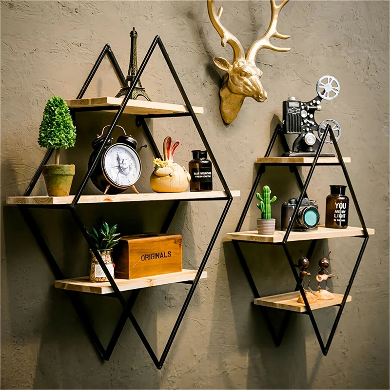 House of Avana Geometric Diamond Wall Shelves Brown Metal & Wood Shelves