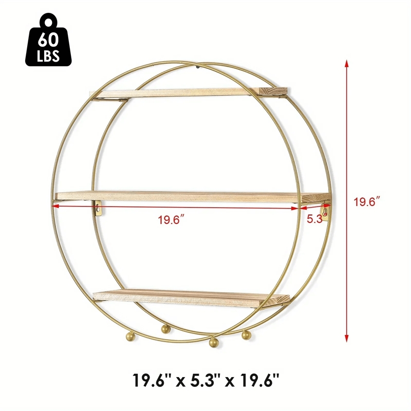 House of Avana Round 3-Tier Solid Wood & Black Metal Floating Wall Shelf