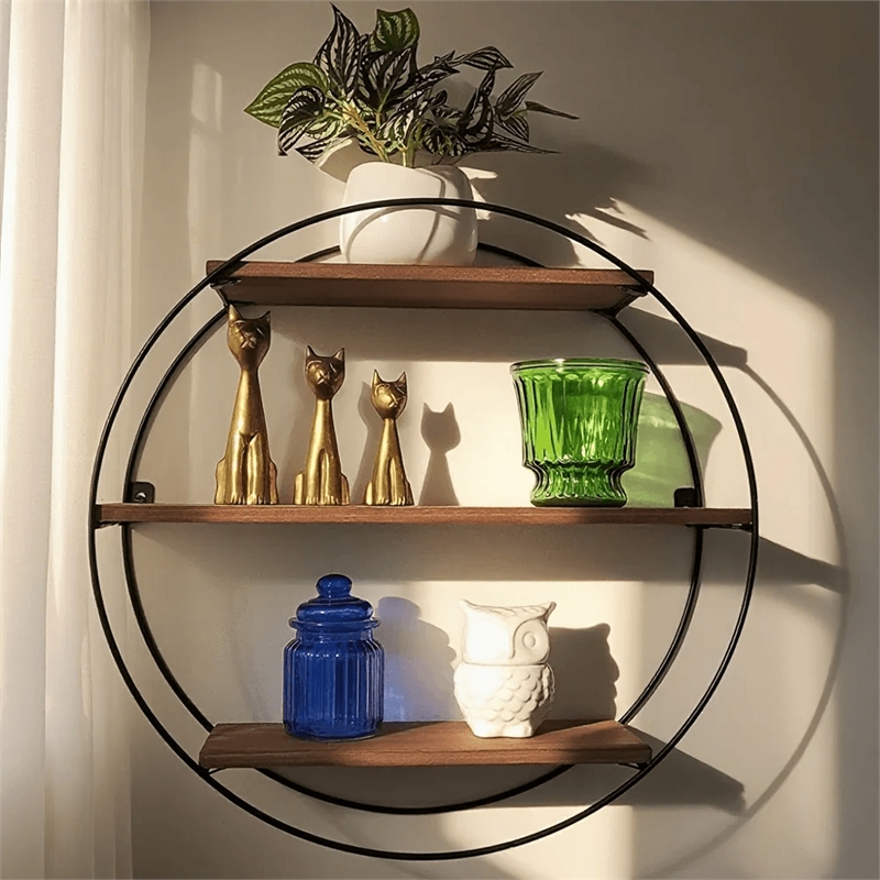 House of Avana Round 3-Tier Solid Wood & Black Metal Floating Wall Shelf