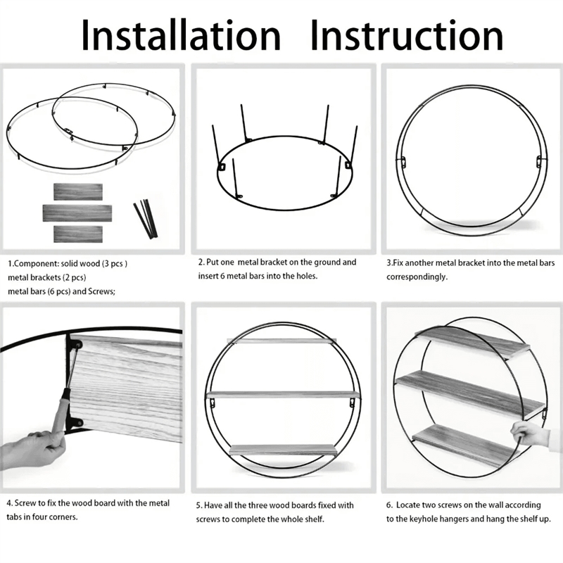 House of Avana Round 3-Tier Solid Wood & Black Metal Floating Wall Shelf