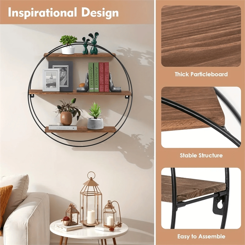 House of Avana Round 3-Tier Solid Wood & Black Metal Floating Wall Shelf