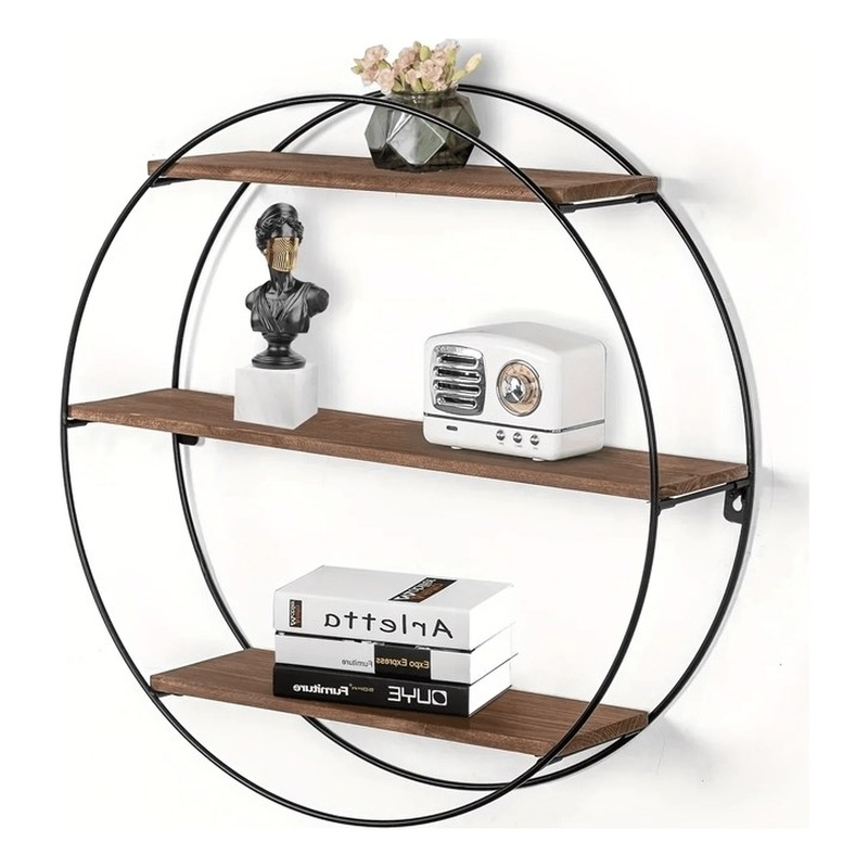House of Avana Round 3-Tier Solid Wood & Black Metal Floating Wall Shelf