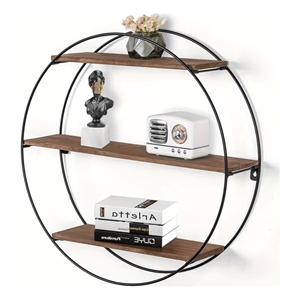 House of Avana Round 3-Tier Solid Wood & Black Metal Floating Wall Shelf
