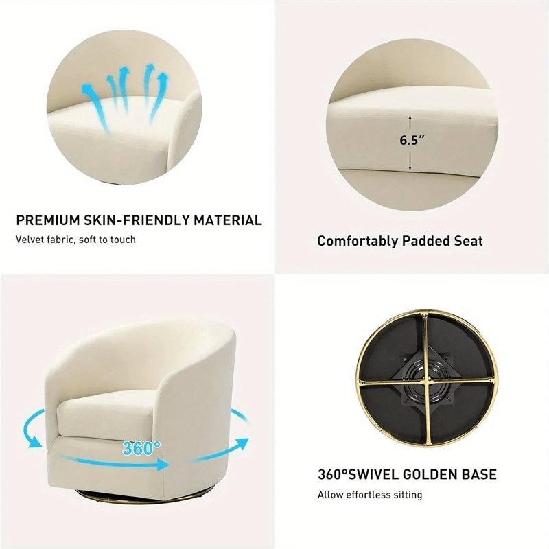 House of Avana Velvet Swivel Ivory Accent Chair with Golden Metal Base