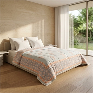 Blue Grey & Peach Floral Jaipur Indian Hand Block Print Quilted Comforter