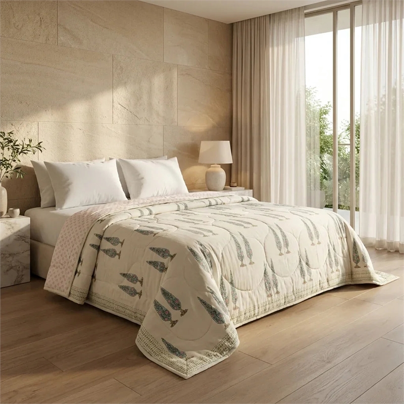 Flowering Garden Trees Hand Block Printed Sanganeri Quilted Comforter