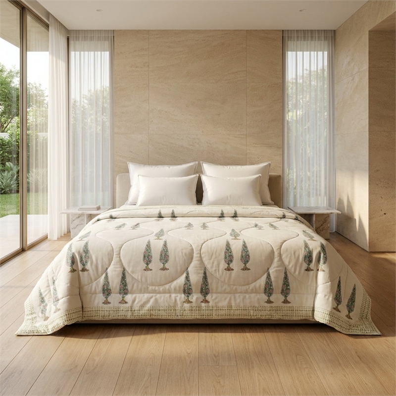 Flowering Garden Trees Hand Block Printed Sanganeri Quilted Comforter