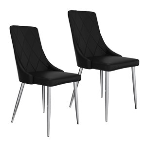 Contemporary Faux Leather and Metal Dining Chair Set of 2 Black and Chrome