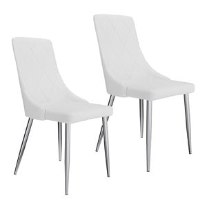 Contemporary Faux Leather and Metal Dining Chair Set of 2 White and Chrome