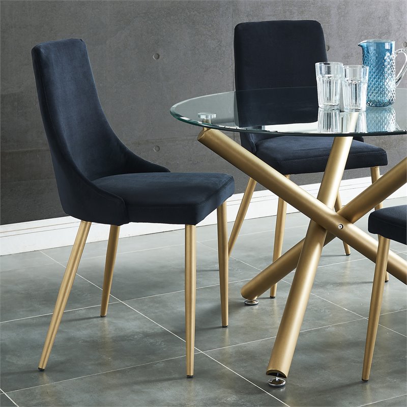 MidCentury Velvet and Metal Dining Chair Set of 2 Black and Aged Gold