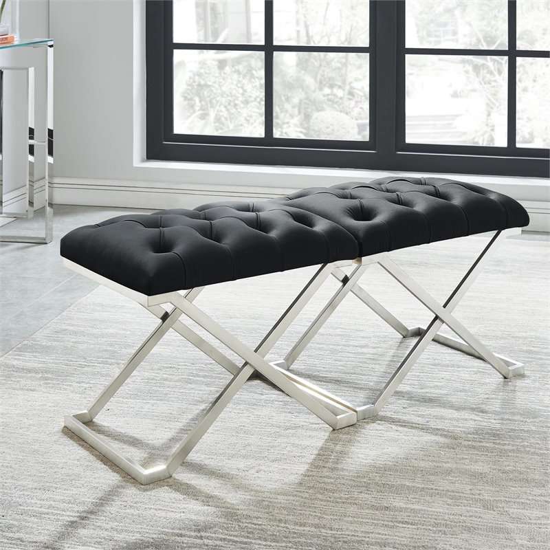 Contemporary Velvet and Stainless Steel Bench Black and Silver