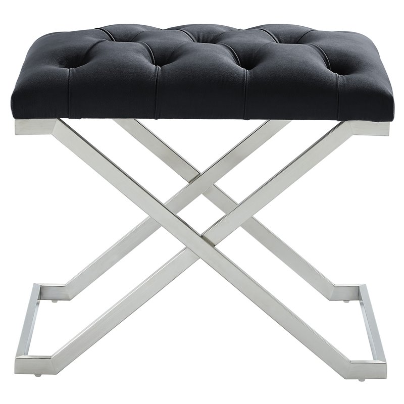 Contemporary Velvet and Stainless Steel Bench Black and Silver