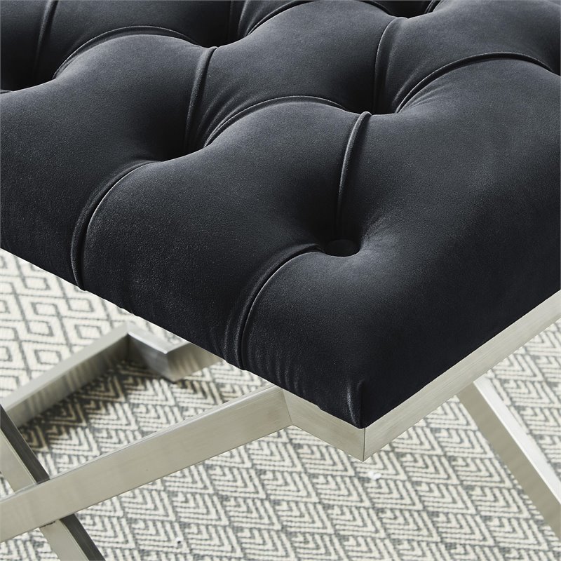 Contemporary Velvet and Stainless Steel Bench Black and Silver