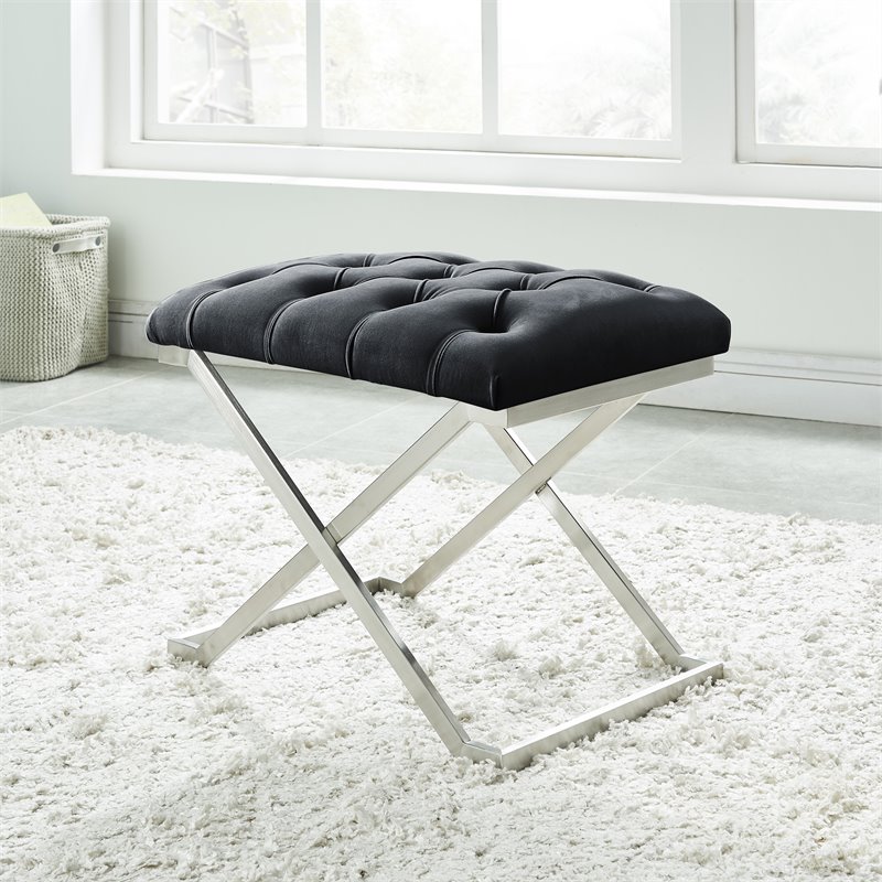 Contemporary Velvet and Stainless Steel Bench Black and Silver