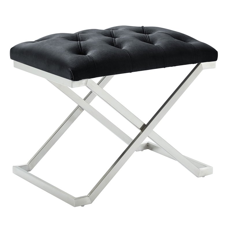 Contemporary Velvet and Stainless Steel Bench Black and Silver