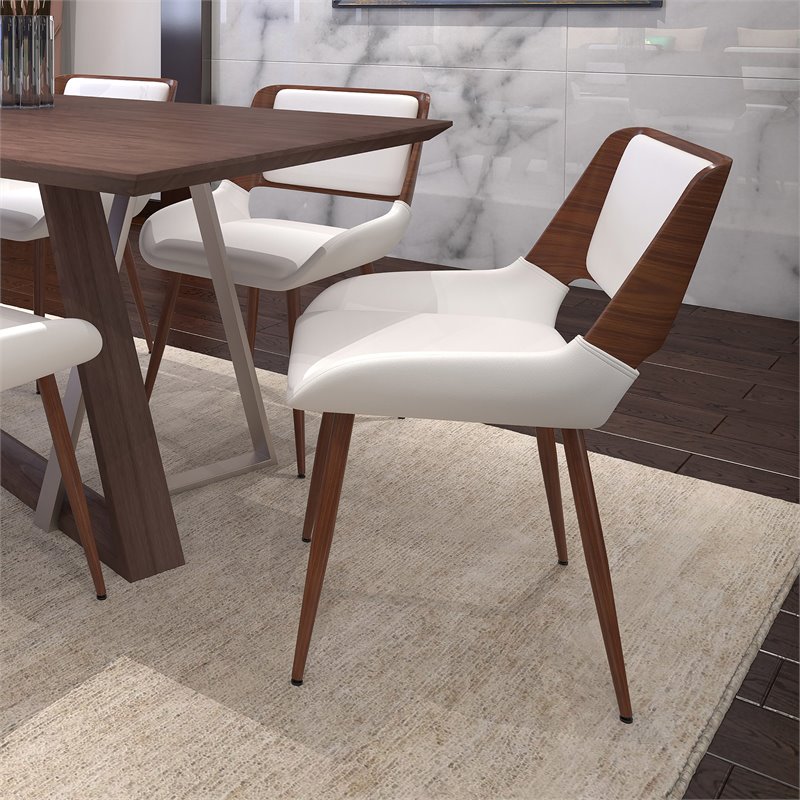 MidCentury Modern Faux Leather Metal and Wood Dining Chair White and Walnut