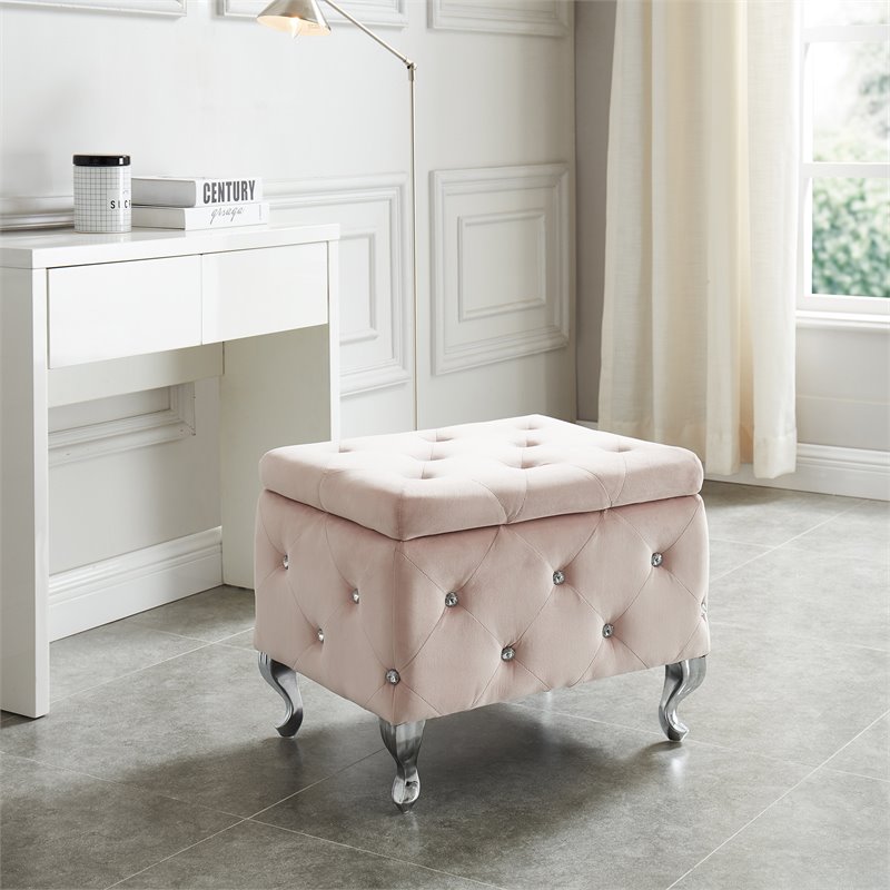 Contemporary Velvet and Metal Square Storage Ottoman Blush Pink and Chrome