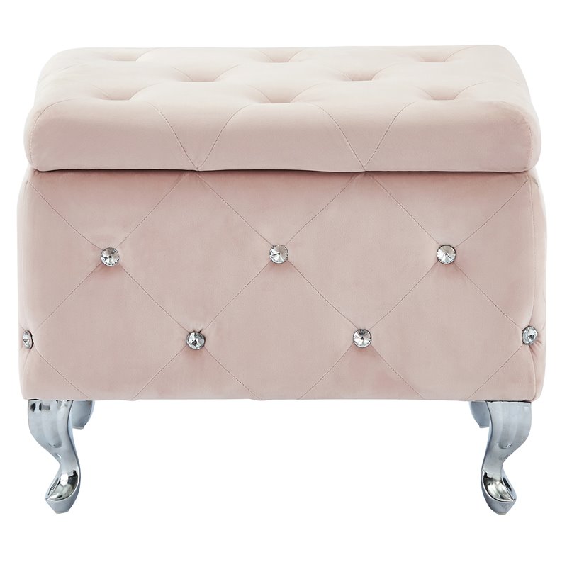 Contemporary Velvet and Metal Square Storage Ottoman Blush Pink and Chrome