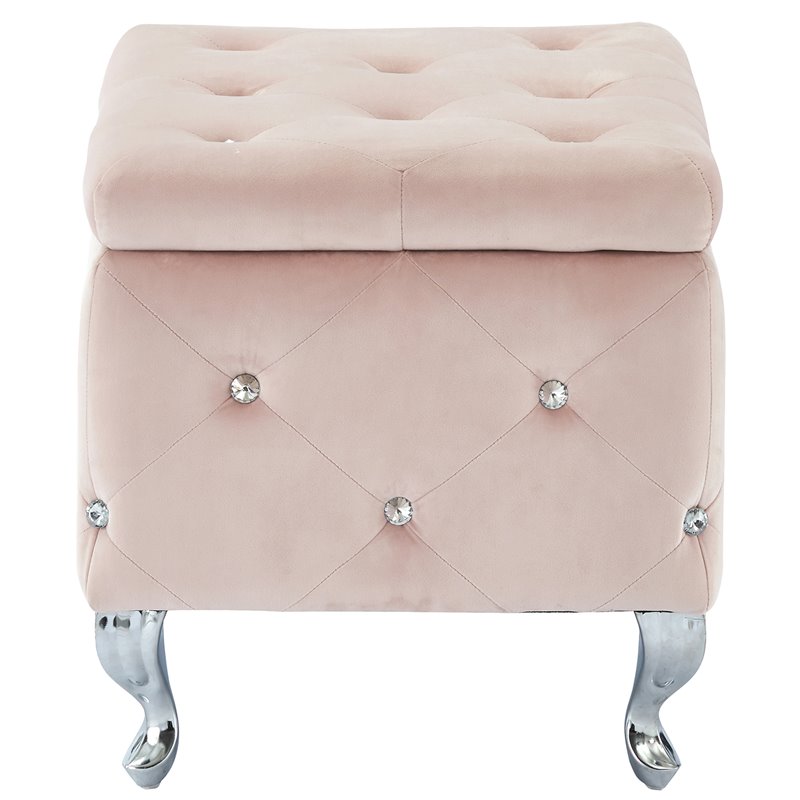 Contemporary Velvet and Metal Square Storage Ottoman Blush Pink and Chrome