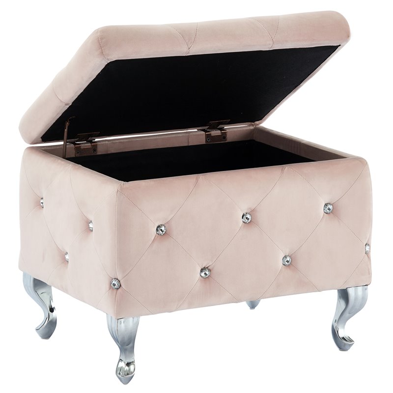 Contemporary Velvet and Metal Square Storage Ottoman Blush Pink and Chrome