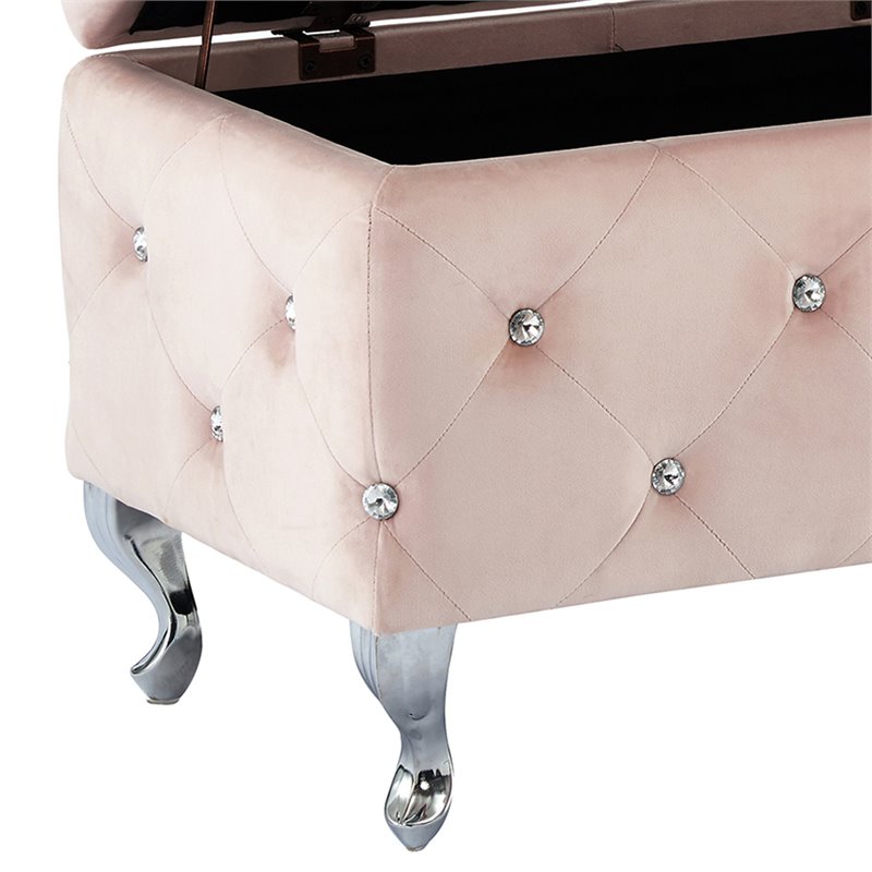 Contemporary Velvet and Metal Square Storage Ottoman Blush Pink and Chrome