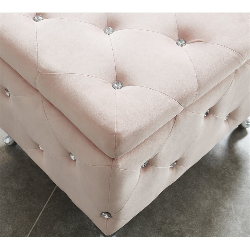 Contemporary Velvet and Metal Square Storage Ottoman Blush Pink and Chrome