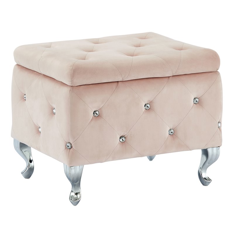 Contemporary Velvet and Metal Square Storage Ottoman Blush Pink and Chrome
