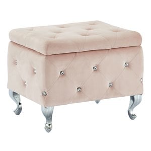 Contemporary Velvet and Metal Square Storage Ottoman Blush Pink and Chrome