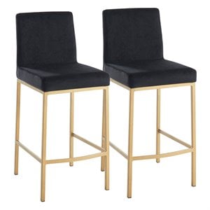 Contemporary Velvet and Metal 26&quot Counter Stool Set of 2 Black and Aged Gold Leg