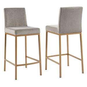 Contemporary Velvet and Metal 26&quot Counter Stool Set of 2 Grey and Aged Gold Leg